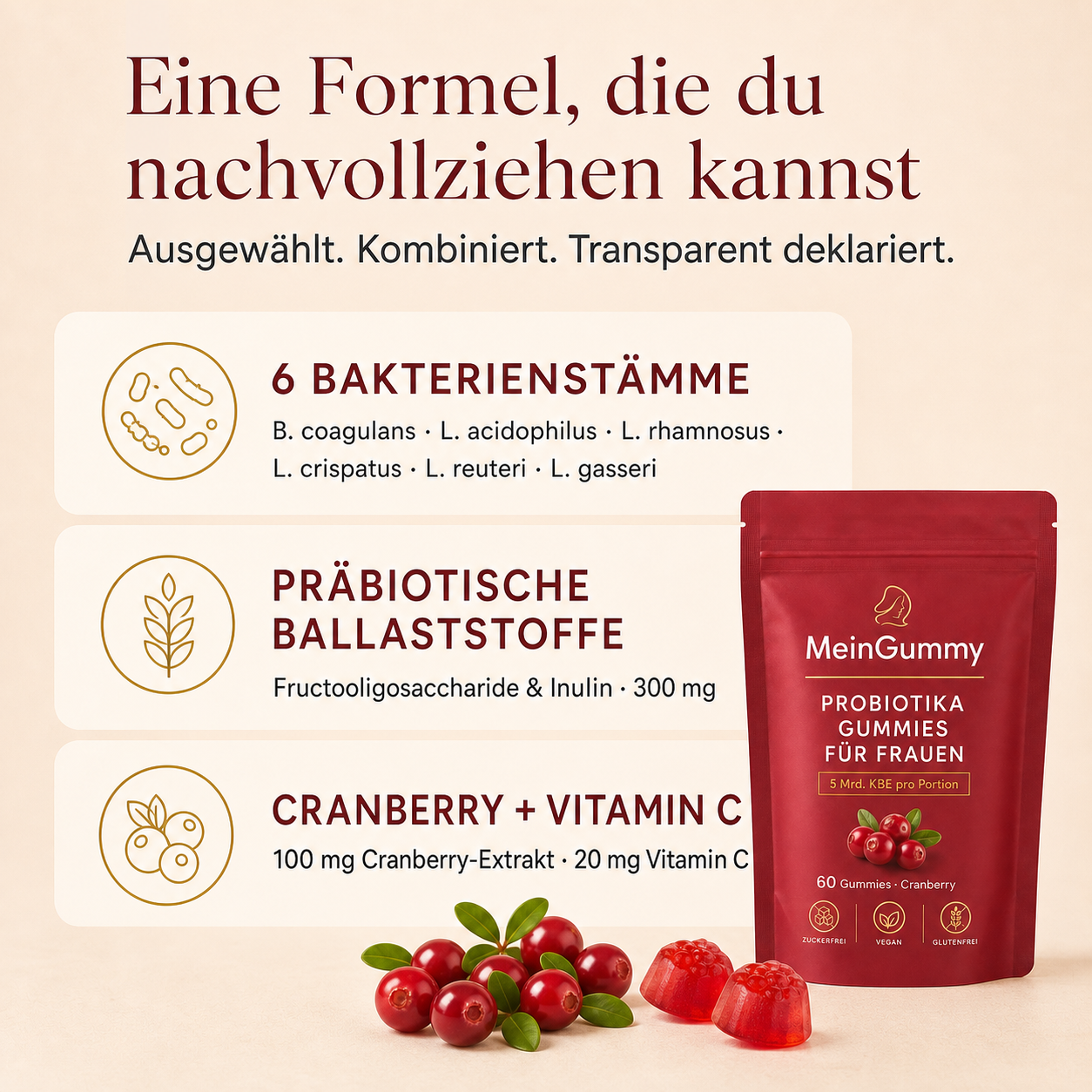 MeinGummy Probiotika Gummies für Frauen – 60 Stück, Cranberry