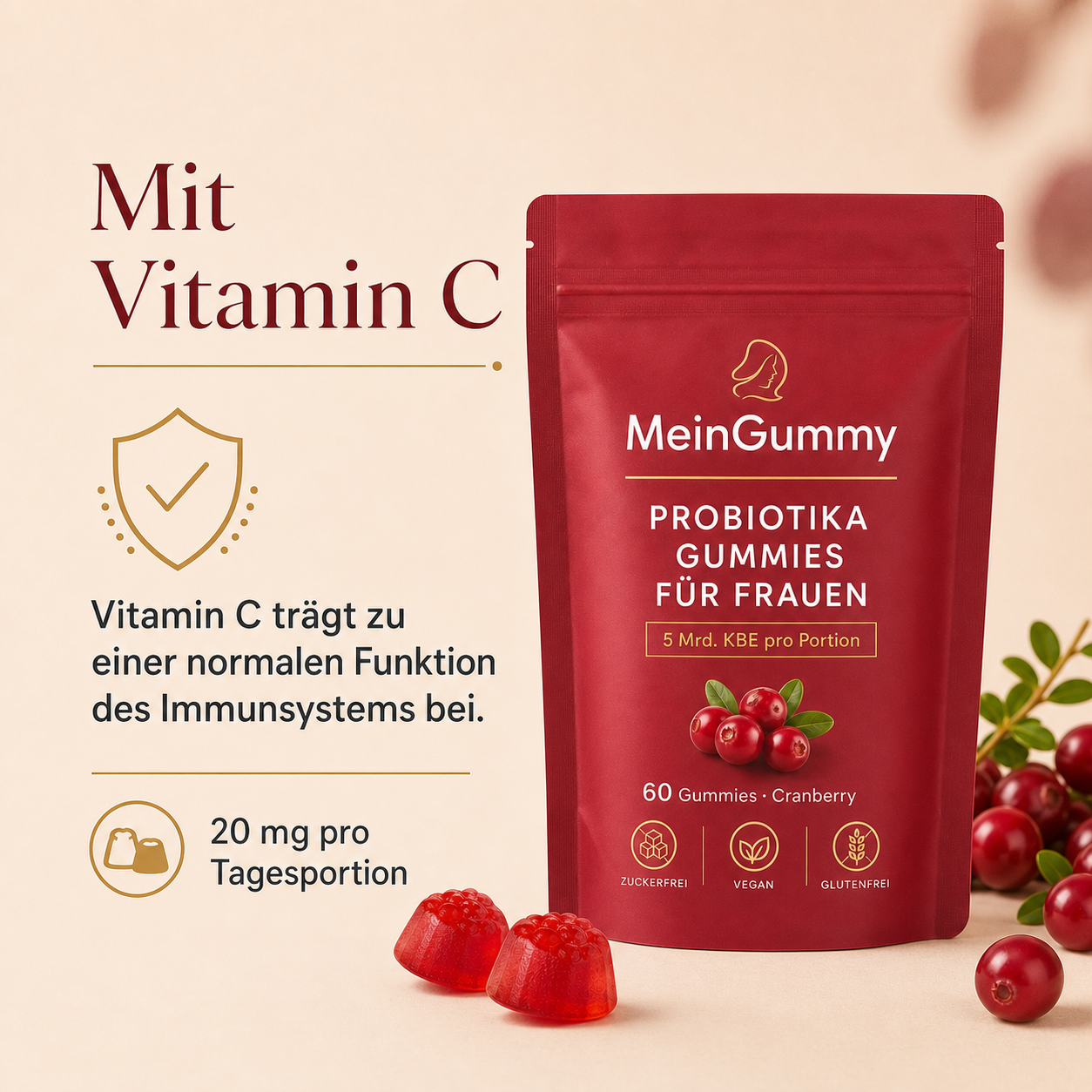 MeinGummy Probiotika Gummies für Frauen – 60 Stück, Cranberry